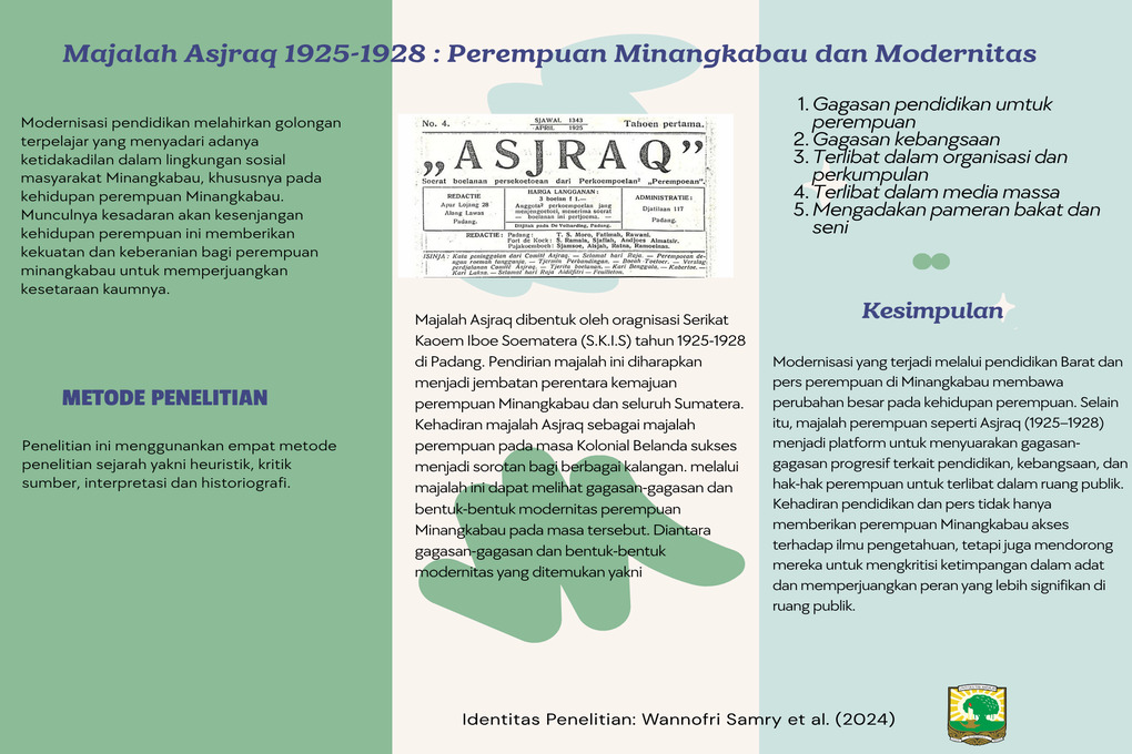 MAJALAH ASJRAQ 1925-1928 : PEREMPUAN MINANGKABAU DAN  MODERNITA